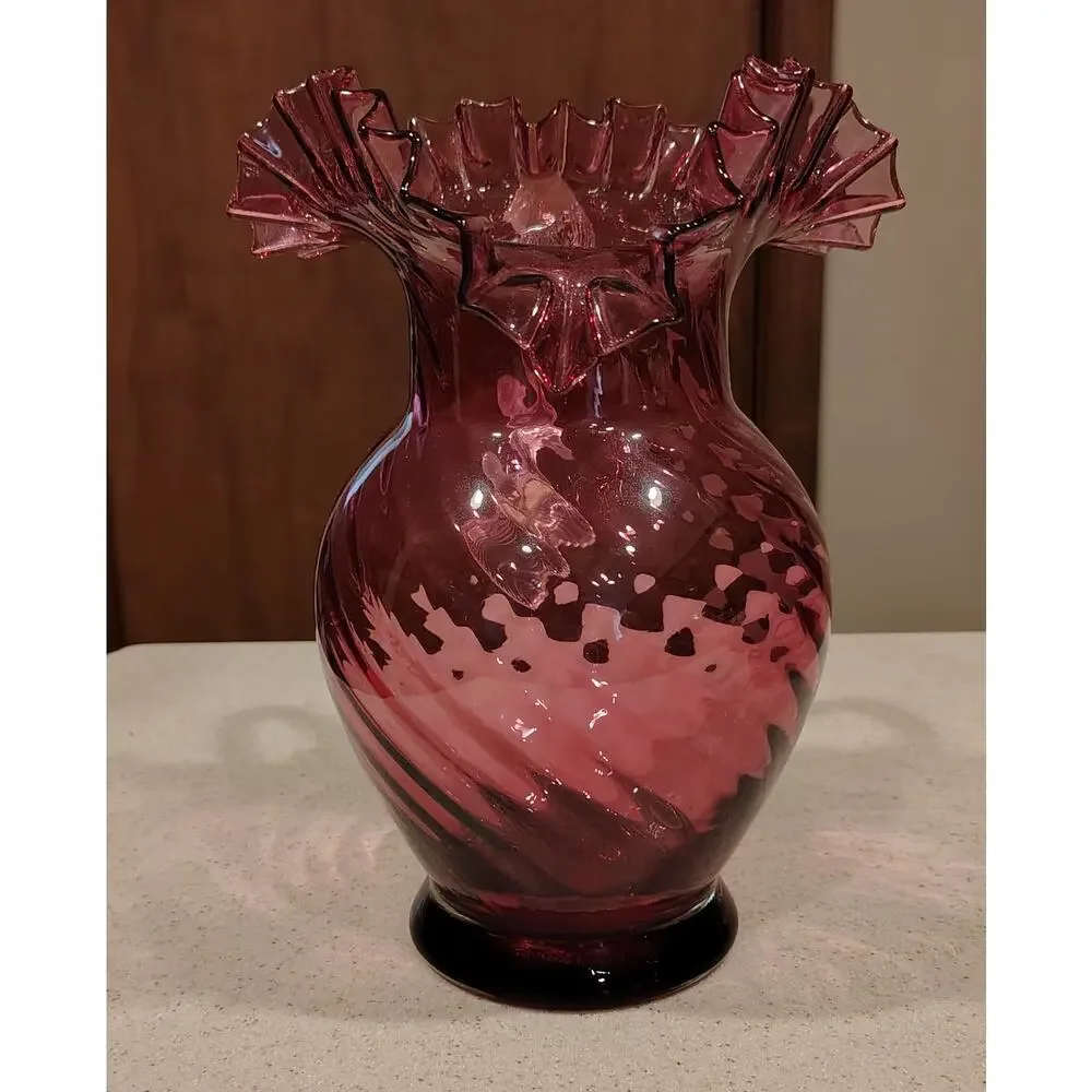 Fenton Cranberry Glass Pitcher Ruffled Rim Swirl Dot Optic Clear Handle 10